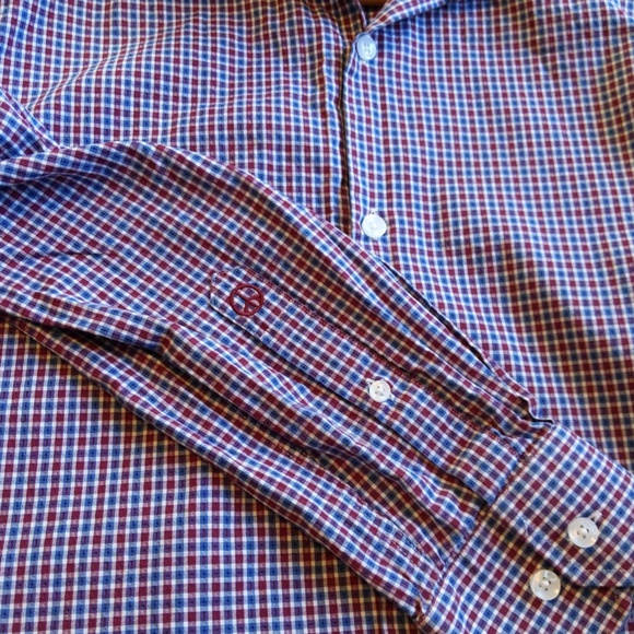 John Lennon Blue and Red Checkered Button Down Long Sleeve Shirt - Picture 5 of 10